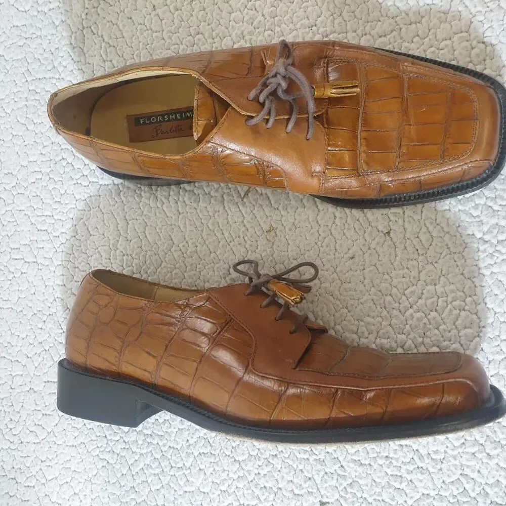 Florsheim Mens Barletta Derby Dress Shoes Brown Leather Crocodile Print 11D